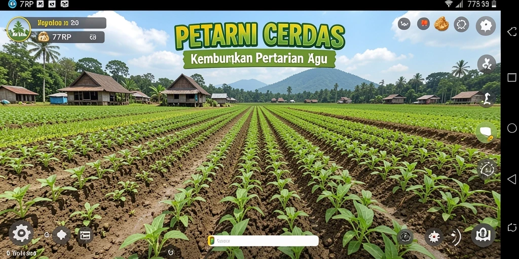 Tampilan gameplay 77RP yang menunjukkan ladang hijau subur dan aktivitas berkebun.