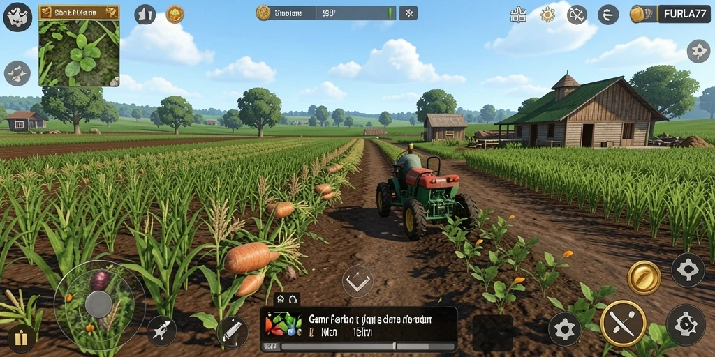 Screenshot gameplay FURLA77 menampilkan ladang subur dan hewan ternak.