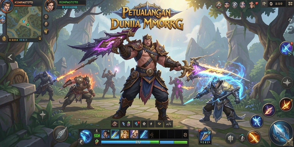 Screenshot gameplay KOMPASTOTO yang menunjukkan pertarungan epik di dunia MMORPG.
