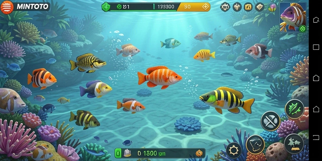 Screenshot utama MINTOTO menunjukkan aksi seru menangkap ikan.