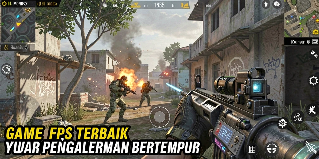 Screenshot gameplay MONTE77 menampilkan aksi tembak-menembak yang intens.