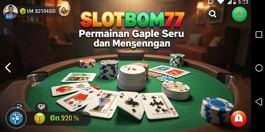 Tampilan gameplay seru di SLOTBOM77 dengan suasana permainan Gaple.